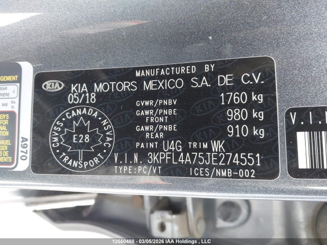 3KPFL4A75JE274551 KIA Forte Lx/s