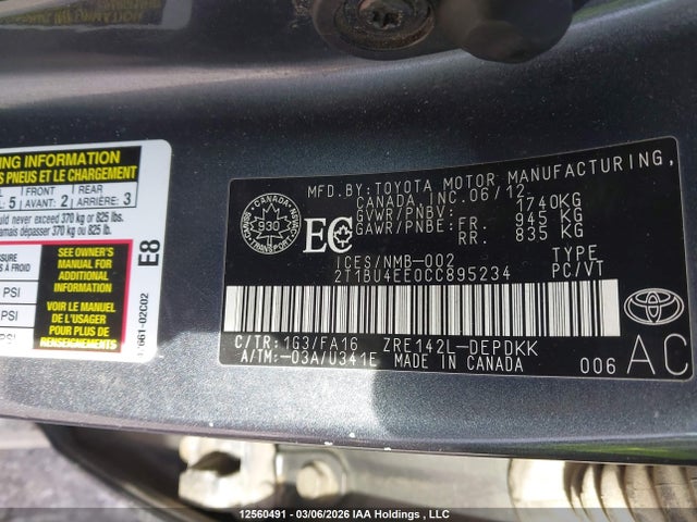 2012 Toyota Corolla S/le მანქანა იყიდება აუქციონზე, vin: 2T1BU4EE0CC895234, აუქციონის ნომერი: 12560491