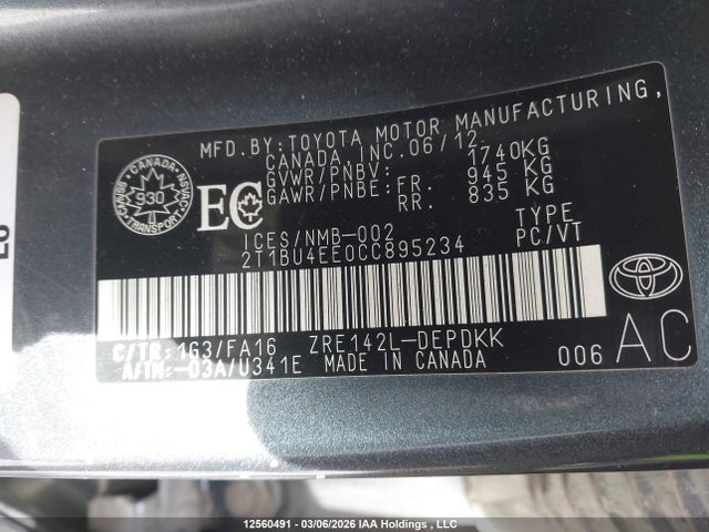2012 Toyota Corolla S/le მანქანა იყიდება აუქციონზე, vin: 2T1BU4EE0CC895234, აუქციონის ნომერი: 12560491