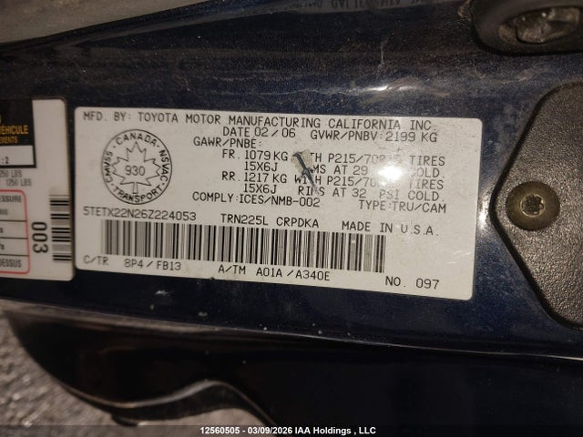 Aukcja sprzedaży 2006 Toyota Tacoma Access Cab, vin: 5TETX22N26Z224053, numer aukcji: 12560505