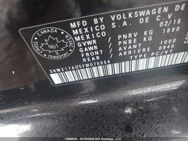 12560520 :رقم المزاد ، 3VW217AU5FM075554 vin ، 2015 Volkswagen Golf 1.8 Tsi Comfortline/1.8 Tsi Highline/1.8 Tsi Trendline مزاد بيع