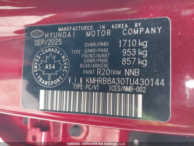 12560525 :رقم المزاد ، KMHRB8A30TU430144 vin ، 2026 Hyundai Venue Se مزاد بيع