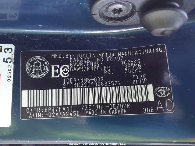 12560527 :رقم المزاد ، 2T1BR32E18C883522 vin ، 2008 Toyota Corolla Ce مزاد بيع