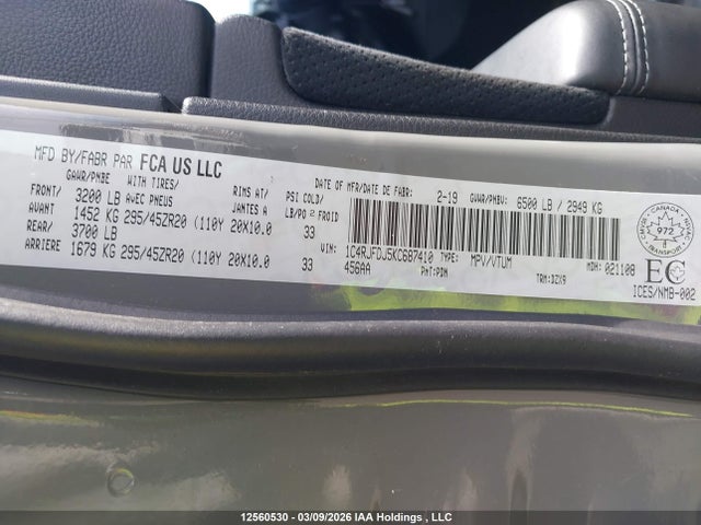 Aukcja sprzedaży 2019 Jeep Grand Cherokee Srt-8, vin: 1C4RJFDJ5KC687410, numer aukcji: 12560530