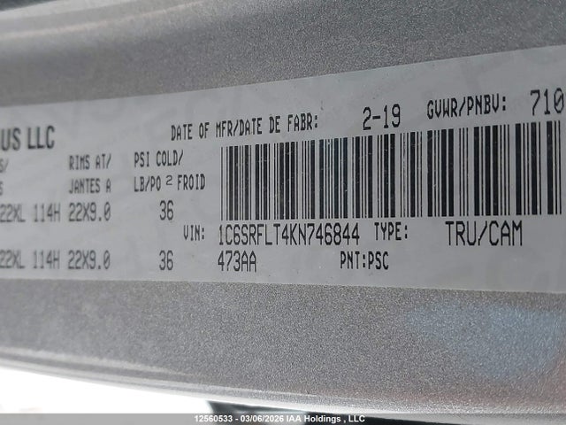 Aukcja sprzedaży 2019 Ram 1500 Rebel, vin: 1C6SRFLT4KN746844, numer aukcji: 12560533