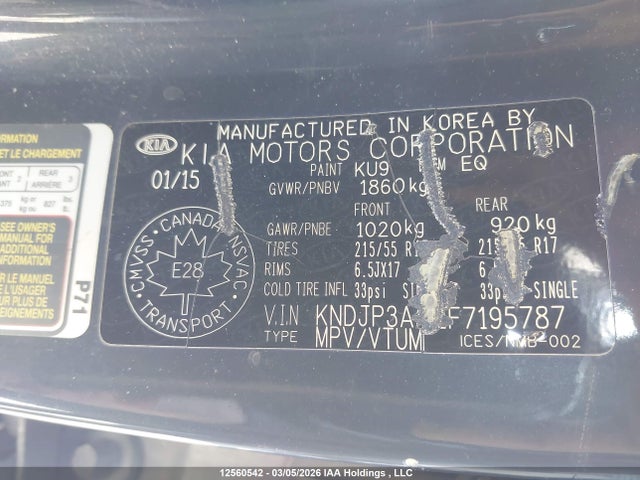 12560542 :رقم المزاد ، KNDJP3A52F7195787 vin ، 2015 Kia Soul + مزاد بيع