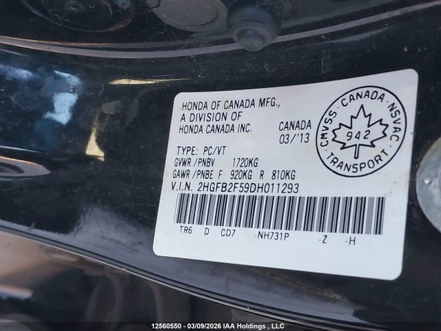 2013 Honda Civic Lx მანქანა იყიდება აუქციონზე, vin: 2HGFB2F59DH011293, აუქციონის ნომერი: 12560550