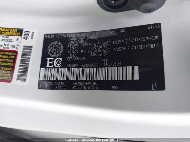 12560559 :رقم المزاد ، 5TDGRKEC8SS260553 vin ، 2025 Toyota Sienna مزاد بيع