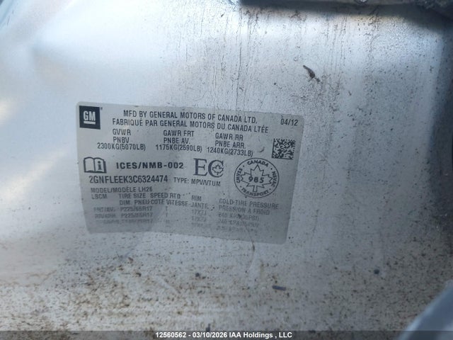 Aukcja sprzedaży 2012 Chevrolet Equinox Lt, vin: 2GNFLEEK3C6324474, numer aukcji: 12560562