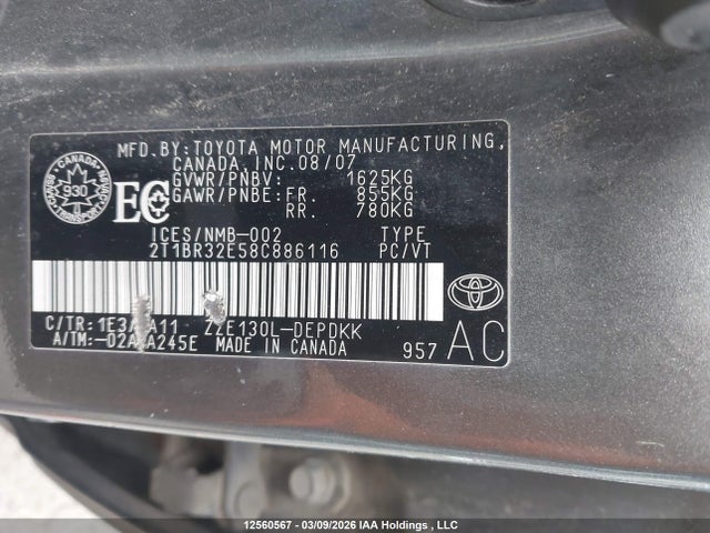 12560567 :رقم المزاد ، 2T1BR32E58C886116 vin ، 2008 Toyota Corolla Ce مزاد بيع