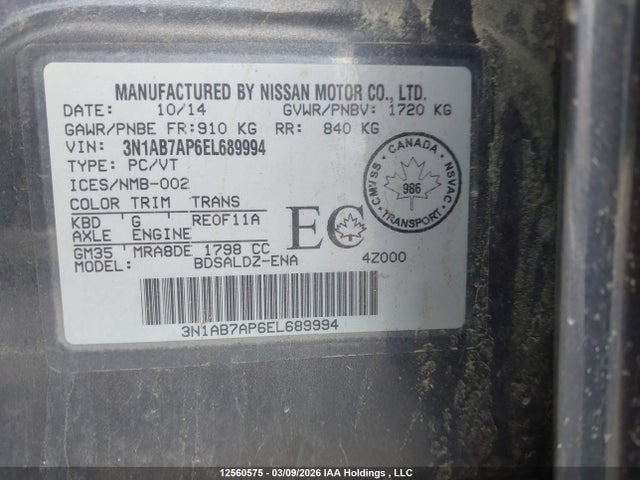 3N1AB7AP6EL689994 Nissan Sentra 1.8 S/1.8 Sl/1.8 Sr/1.8 Sv