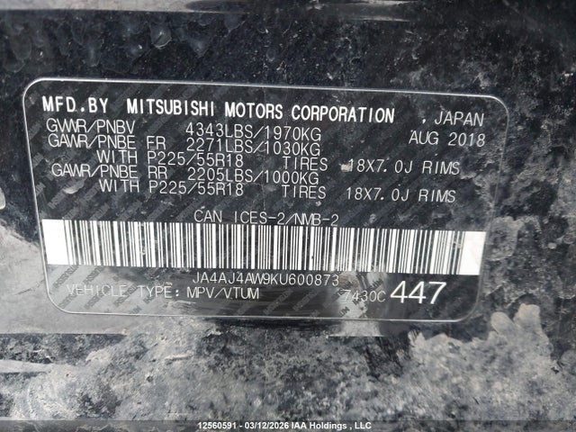 12560591 :رقم المزاد ، JA4AJ4AW9KU600873 vin ، 2019 Mitsubishi Rvr مزاد بيع