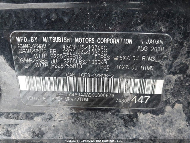 12560591 :رقم المزاد ، JA4AJ4AW9KU600873 vin ، 2019 Mitsubishi Rvr مزاد بيع