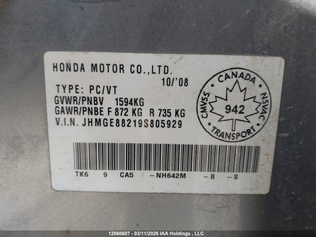 12560607 :رقم المزاد ، JHMGE88219S805929 vin ، 2009 Honda Fit Dx/dx-a/lx مزاد بيع