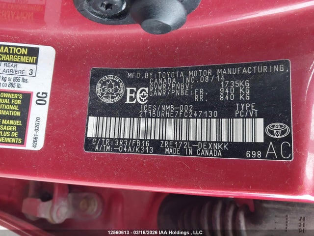 12560613 :رقم المزاد ، 2T1BURHE7FC247130 vin ، 2015 Toyota Corolla L/le/le Pls/prm/s/s Pls مزاد بيع
