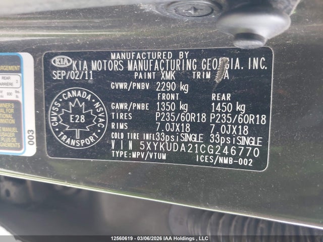 Aukcja sprzedaży 2012 Kia Sorento Ex Luxury V6/ex V6, vin: 5XYKUDA21CG246770, numer aukcji: 12560619