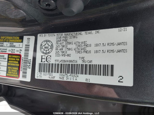 Продаж на аукціоні авто 2022 Toyota Tundra, vin: 5TFLA5DB6NX006516, номер лоту: 12560638