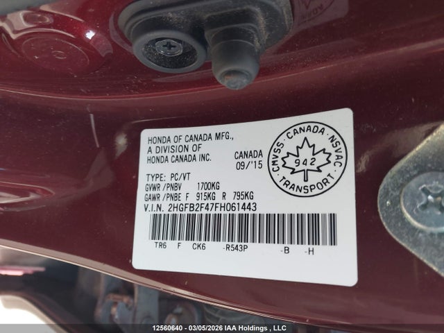 Aukcja sprzedaży 2015 Honda Civic Lx, vin: 2HGFB2F47FH061443, numer aukcji: 12560640