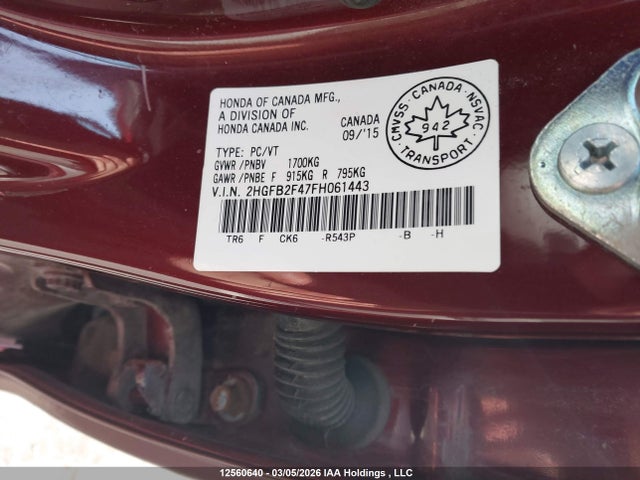 Aukcja sprzedaży 2015 Honda Civic Lx, vin: 2HGFB2F47FH061443, numer aukcji: 12560640