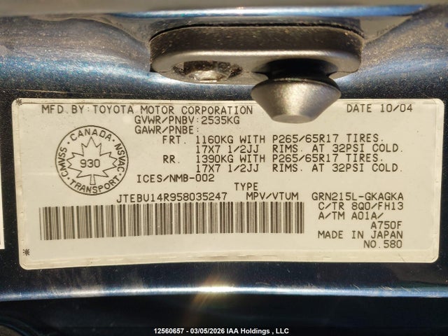 12560657 :رقم المزاد ، JTEBU14R958035247 vin ، 2005 Toyota 4runner Sr5/sport مزاد بيع