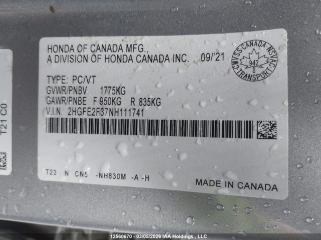12560670 :رقم المزاد ، 2HGFE2F37NH111741 vin ، 2022 Honda Civic Ex مزاد بيع