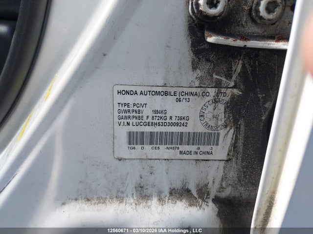 12560671 :رقم المزاد ، LUCGE8H53D3009242 vin ، 2013 Honda Fit Lx مزاد بيع