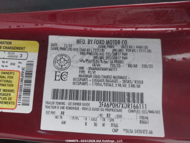12560675 :رقم المزاد ، 3FA6P0H7XDR166111 vin ، 2013 Ford Fusion مزاد بيع