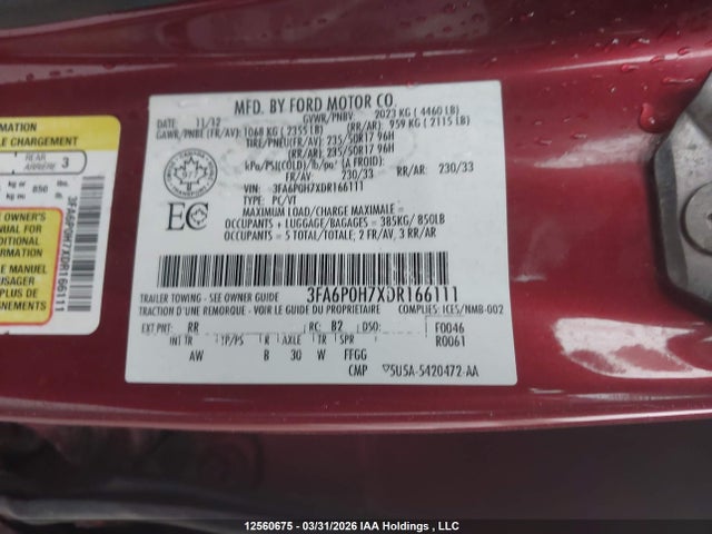 12560675 :رقم المزاد ، 3FA6P0H7XDR166111 vin ، 2013 Ford Fusion مزاد بيع