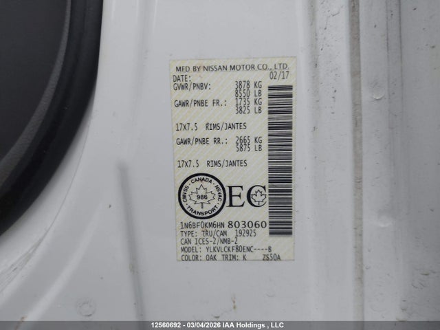 1N6BF0KM6HN803060 Nissan Nv Cargo Nv1500 S V6