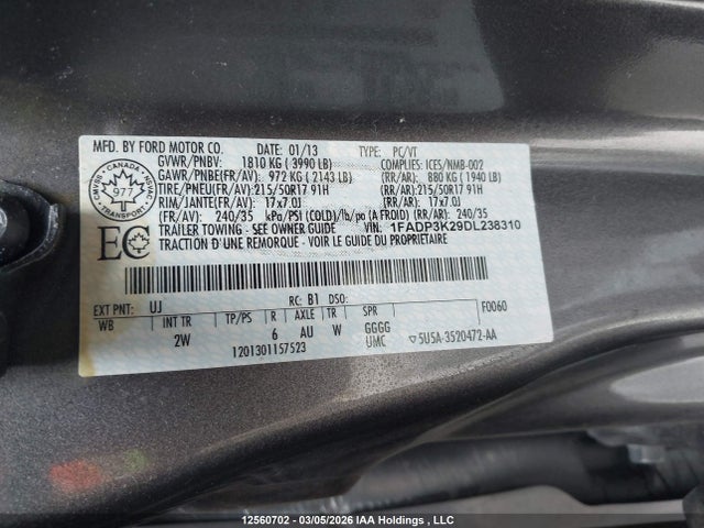 12560702 :رقم المزاد ، 1FADP3K29DL238310 vin ، 2013 Ford Focus Se مزاد بيع