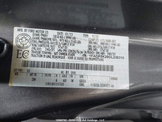 12560702 :رقم المزاد ، 1FADP3K29DL238310 vin ، 2013 Ford Focus Se مزاد بيع