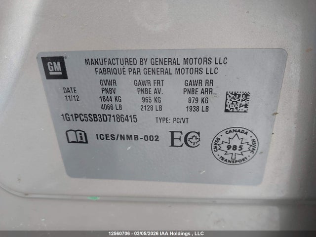 2013 Chevrolet Cruze Lt Turbo მანქანა იყიდება აუქციონზე, vin: 1G1PC5SB3D7186415, აუქციონის ნომერი: 12560706