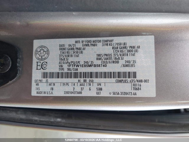 2021 Ford F-150 მანქანა იყიდება აუქციონზე, vin: 1FTFW1E85MFB58740, აუქციონის ნომერი: 12560708