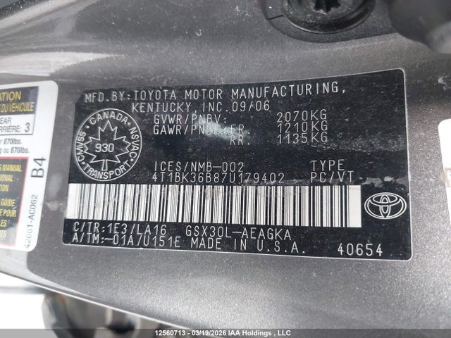 2007 Toyota Avalon Xls მანქანა იყიდება აუქციონზე, vin: 4T1BK36B87U179402, აუქციონის ნომერი: 12560713