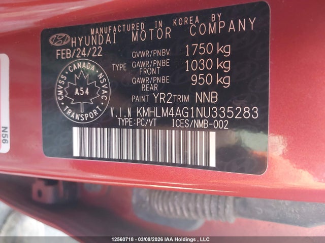 KMHLM4AG1NU335283 Hyundai Elantra Preferred Ivt With Sun And Tech Package