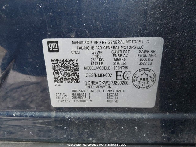 1GNEVGKW1PJ290200 Chevrolet Traverse Lt