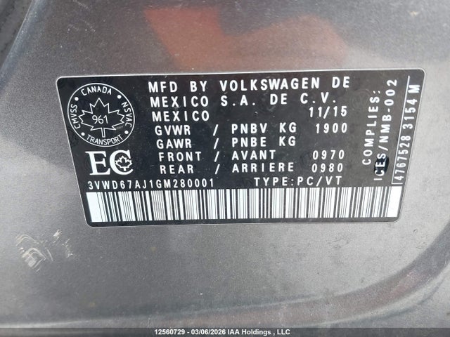 3VWD67AJ1GM280001 Volkswagen Jetta 1.4 Tsi Comfortline