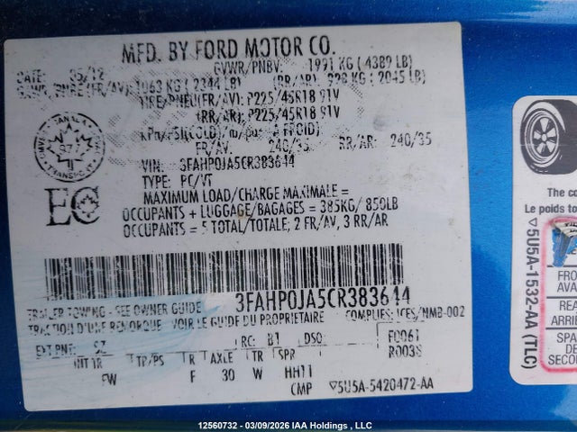 Aukcja sprzedaży 2012 Ford Fusion Sel, vin: 3FAHP0JA5CR383644, numer aukcji: 12560732