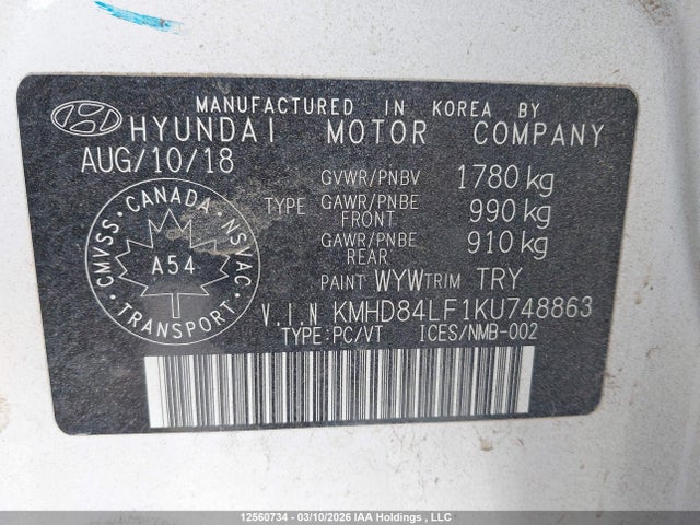 KMHD84LF1KU748863 Hyundai Elantra Sel/value/limited