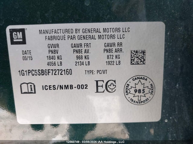 Продаж на аукціоні авто 2015 Chevrolet Cruze 1lt, vin: 1G1PC5SB6F7272160, номер лоту: 12560749