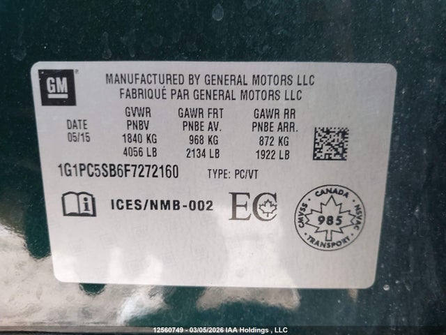 Продаж на аукціоні авто 2015 Chevrolet Cruze 1lt, vin: 1G1PC5SB6F7272160, номер лоту: 12560749