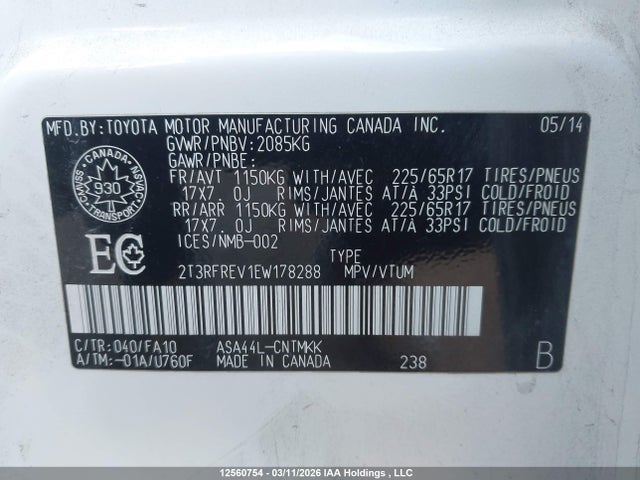 12560754 :رقم المزاد ، 2T3RFREV1EW178288 vin ، 2014 Toyota Rav4 Xle مزاد بيع