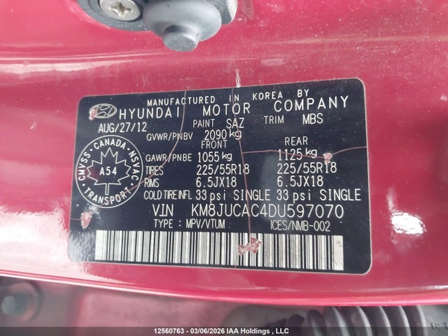 Продажа на аукционе авто 2013 Hyundai Tucson Limited, vin: KM8JUCAC4DU597070, номер лота: 12560763