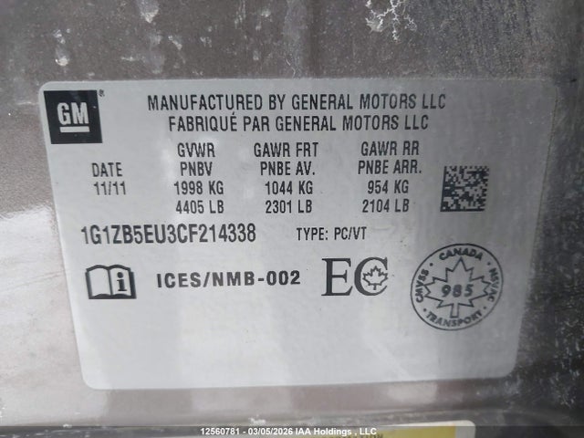 2012 Chevrolet Malibu მანქანა იყიდება აუქციონზე, vin: 1G1ZB5EU3CF214338, აუქციონის ნომერი: 12560781