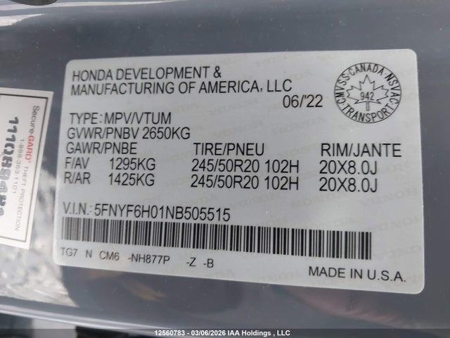 Aukcja sprzedaży 2022 Honda Pilot, vin: 5FNYF6H01NB505515, numer aukcji: 12560783