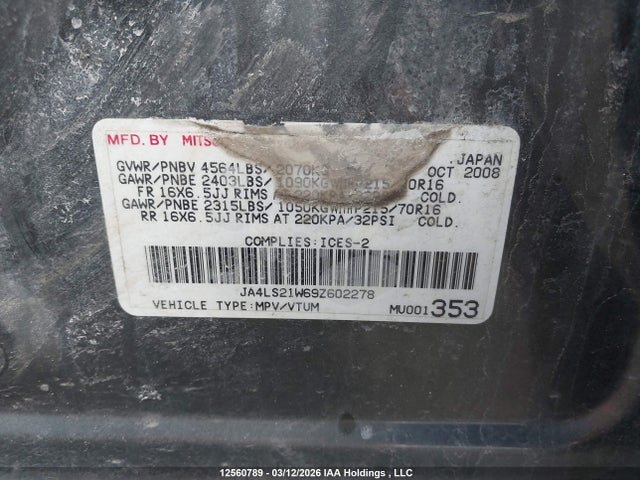 2009 Mitsubishi Outlander Es მანქანა იყიდება აუქციონზე, vin: JA4LS21W69Z602278, აუქციონის ნომერი: 12560789