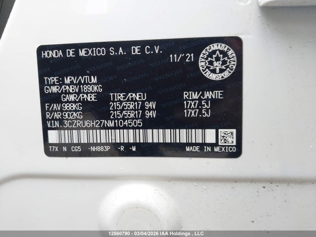 3CZRU6H27NM104505 Honda HR-V SPORT