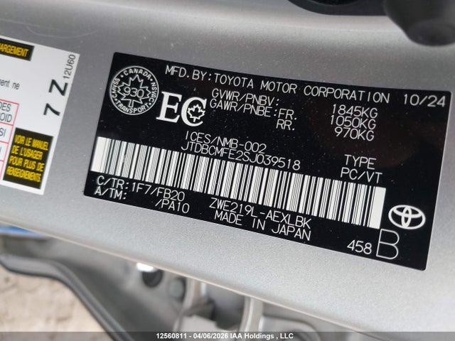 2025 Toyota Corolla Hybrid მანქანა იყიდება აუქციონზე, vin: JTDBCMFE2SJ039518, აუქციონის ნომერი: 12560811