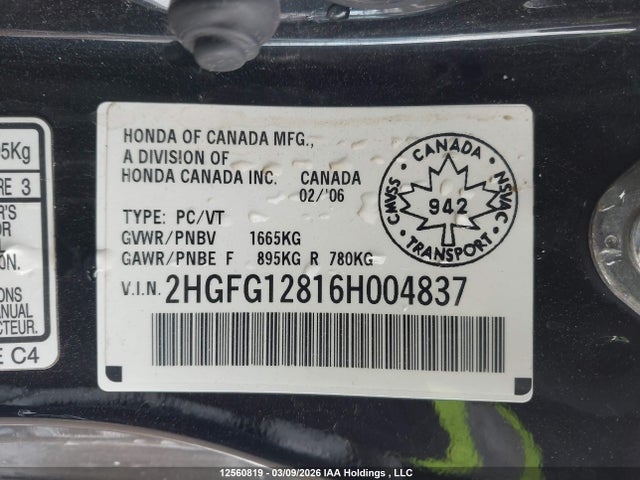 Продаж на аукціоні авто 2006 Honda Civic Ex, vin: 2HGFG12816H004837, номер лоту: 12560819