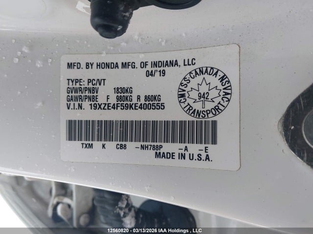 Aukcja sprzedaży 2019 Honda Insight, vin: 19XZE4F59KE400555, numer aukcji: 12560820